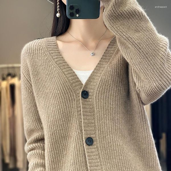 Cardigan 100 laine pour femmes, chemisiers à col en v, pour Style paresseux, couche extérieure en tricot amincissant et aiguille en cachemire Yuanbao d'automne