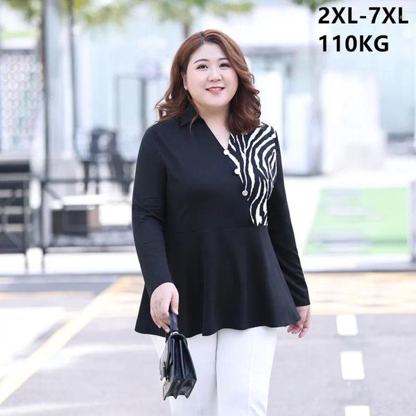 Blusas de mujer con cuello en V, camisa formal holgada negra para mujer, retales de leopardo 7XL 6XL 5XL, traje de oficina elegante para mujer, manga larga, talla grande 110KG