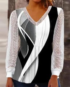 Damesblouses V-hals blouse Overhemd Los bedrukt Holle kanten top T-shirt Causale elegante vintage trui met lange mouwen