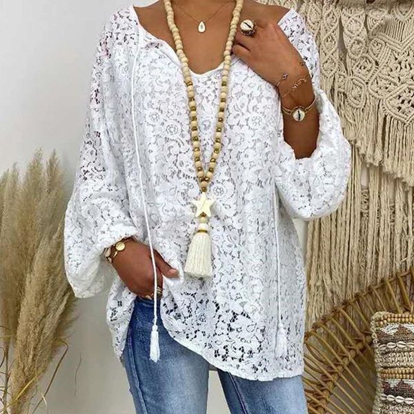 Blouses Femmes Col en V Casual Dentelle Blouse Femmes Élégant Blanc Creux Tops Printemps Lâche Crochet Fleur Chemise À Manches Longues Blusas Mujer 24983