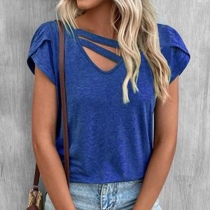 Blusas de mujer con cuello en V, blusa elegante con manga de pétalo, Tops informales de moda de verano 2023, camisa lisa holgada dulce para mujer, Blusas para mujer 26036