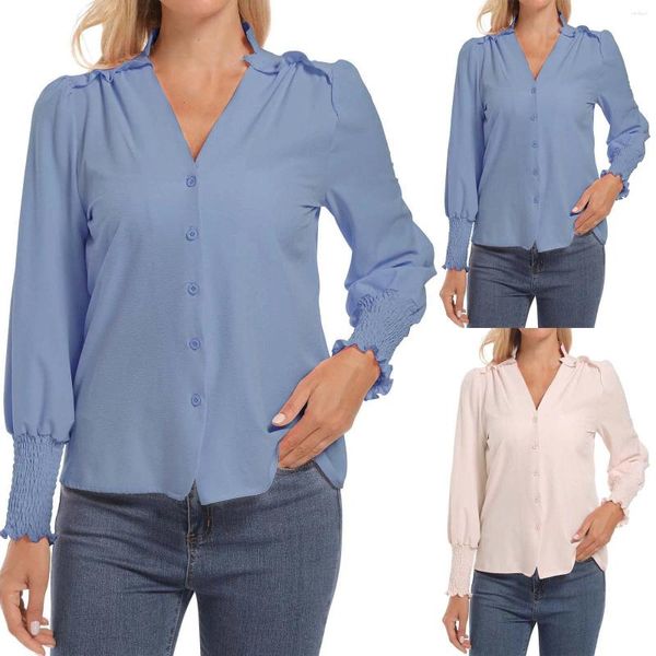 Blusas de mujer con cuello en V, camisa elegante de manga larga de Color sólido con apertura por botón, cárdigan, ropa femenina de verano 2024