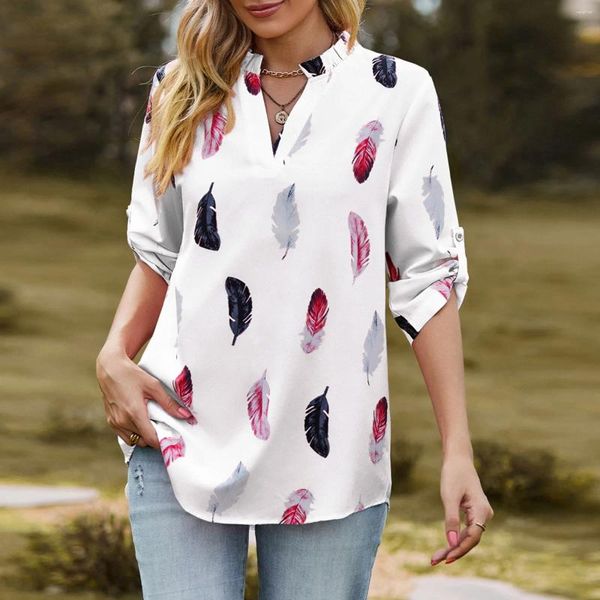 Blusas de mujer, camisas con estampado de plumas y cuello en V para otoño, camisa holgada de manga tres cuartos, cuello vuelto para mujer, elegante que combina con todo