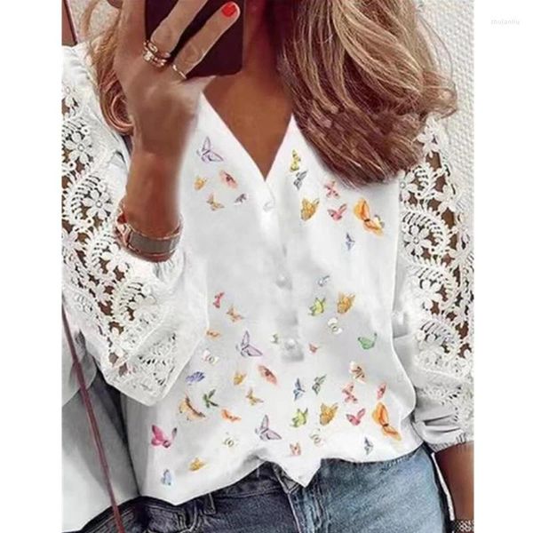 Blusas de mujer con cuello en V, camisas de encaje de ganchillo de manga larga, blusa Simple blanca 2024, camisa elegante hueca, Tops sueltos de oficina para mujer 28618