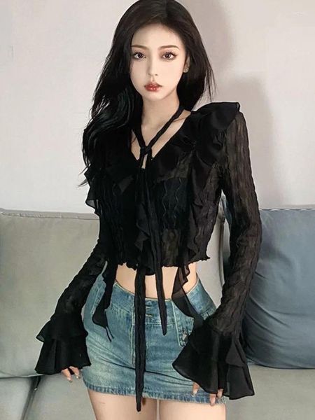 Blouses Femmes Col V Sexy Noir Crop Blouse Femmes Volants Slim Harajuku Fit Tops Y2k Esthétique Bandage Grunge Blusas Streetwear De Mujer