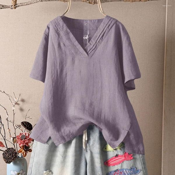 Blusas de mujer con cuello en V, camisa de manga corta para mujer, blusa Vintage con dobladillo dividido Irregular para mujer, blusa holgada, jersey, Tops, Top de Color sólido