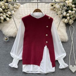 Blouses pour femmes VANOVICH 2022 Automne Mode Lanterne Manches Col Montant Couleur Unie Chemise Décontractée O-cou Tricoté Gilet Fendu Ensemble Deux Pièces