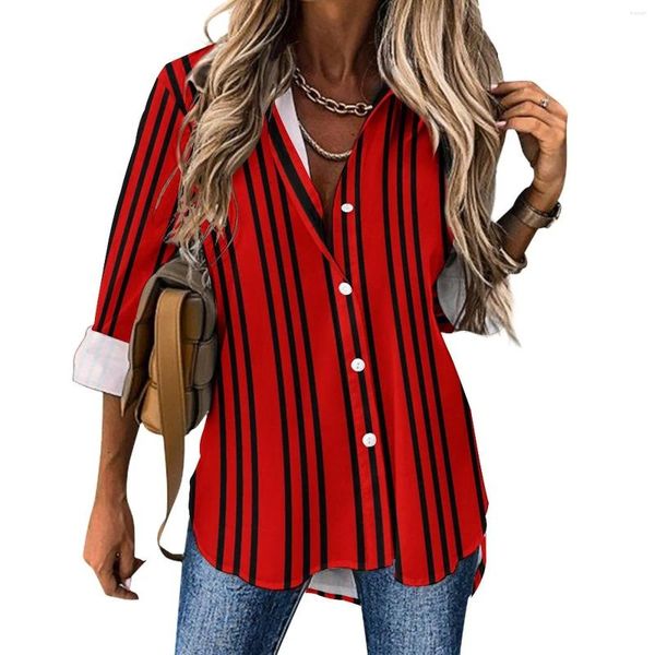 Blouses pour femmes Blouse à rayures verticales lignes noires et rouges Design cool décontracté femme chemises streetwear été à manches longues hauts surdimensionnés