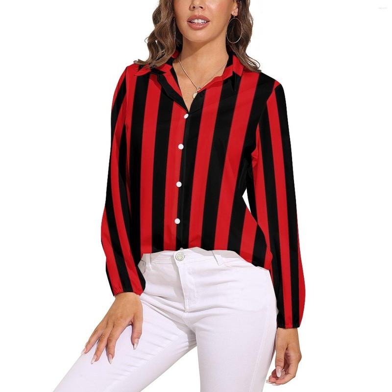 Women's Blouses Vertical Striped Blouse Women Red And Black Stripes Streetwear Loose Long-Sleeve Elegant Shirts Pattern Clothes Big Size