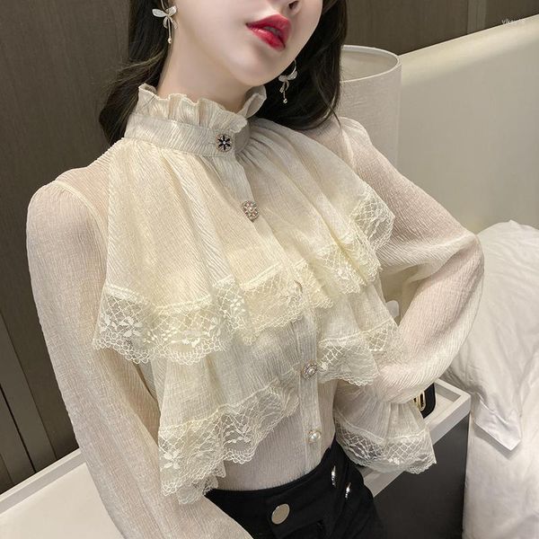 Blusas de mujer Top victoriano Blusa gótica de Lolita Victoriano Blanco Volantes Cuello alto Manga linterna Camisas medievales vintage Mujer Plus