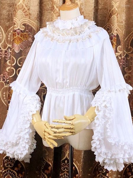 Blouses Femmes Victorien Vintage Lolita Femmes Élégantes Dentelle Volants Flare Manches Chemises Tops Femme Harajuku Gothique Slim Chemisier En Mousseline De Soie