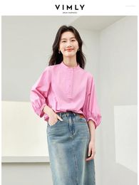 Blouses pour femmes Blouse rose coton vimly pour les femmes 2024 French Style Elegant Spring Summer Simple Shirt Three Quarter Sleeve Tops M6135