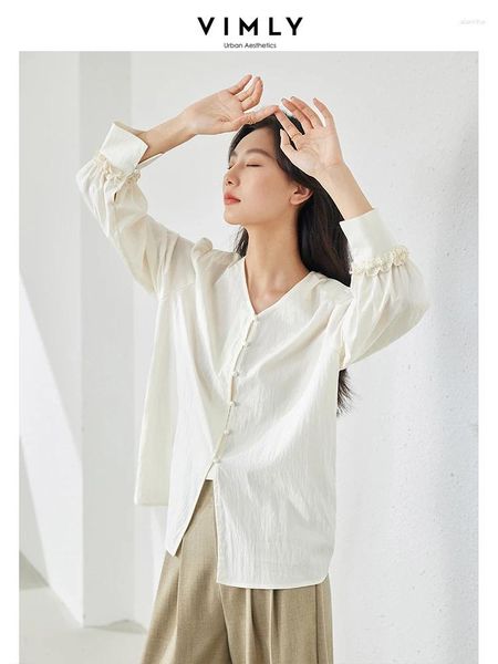 Blusas para mujeres camisas de forma suelta con cuello en V vimly elegante Mujer 2024 Spring Fashion Shoulde Shoulded Sleeve Long Blusa Tops Femenina