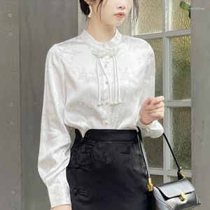 Damesblouses Vintage kralen kwastje wit en shirts Dames Chinese stijl top met lange mouwen Dameskleding Camisas