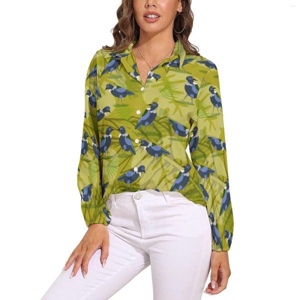 Blusas de mujer, blusa Vintage con estampado de pájaros, manga larga, hojas verdes, camisa clásica de gran tamaño para mujer, Top personalizado, Idea de regalo