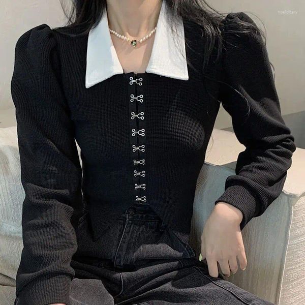 Blouses Femmes Vintage Noir Blouse Tuniques Élégant Harajuku Style Coréen À Manches Longues Slim Cool Femmes Chemise Streetwear Y2k Hauts Courts 2023