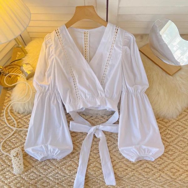 Blouses Femmes Blouse Vintage Pour Femmes Nu Midriff Longue Lanterne Manches Chemises Skinny Style Français Chic Polyvalent Femme Tops Drop