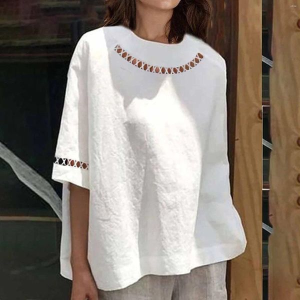 Blouses Femmes Vintage Blouse Tops Femmes Solide Coton Lin Chemise D'été Hallow Patchwork Chic Tunique Mode Oversize Blanc Blusa Mujer