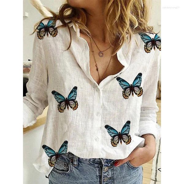 Blusas de mujer Blusa vintage Mujer Lino Casual Tops Estampado de mariposas Moda para mujer Camisas de calle con botones de gran tamaño para Blusas