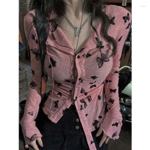 Women's Blouses Vintage Butterfly Print Shirts Y2K Crop Tops Mujer Mujer lange mouw t-shirt knopen Harajuku onregelmatige streetwear slank blouse