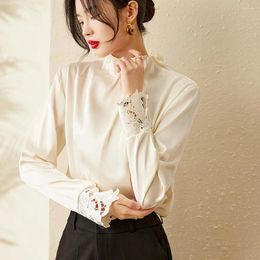 Blusas de mujer Vintage blusa de gasa camisas de mujer 2023 coreano Chic elegante pliegues medio cuello alto camisa Tops mujer Casual señoras