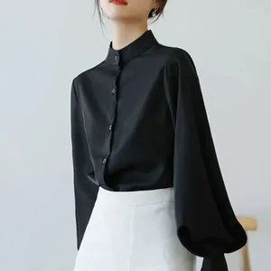 Blouses pour femmes Vintage en mousseline de soie chemises femmes lanterne manches noir blanc coréen bureau dame élégant solide lâche décontracté hauts