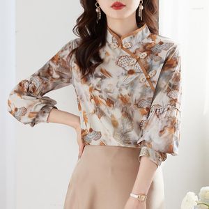Women's Blouses Vintage Chinese stijl Gedrukte Satin Silk Shirts Women Casual Slim Stand Button Long Puff Sleeve Cheongsam Shirt Tops
