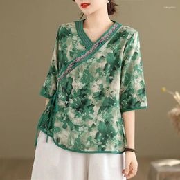 Blouses voor dames vintage Chinese stijl zomer diagonaal v-hals printen veter mode elegantie veelzijdige halve mouw slanke shirt tops