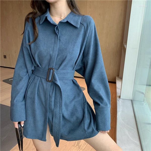 Blusas de mujer Vestido de camisa de pana vintage con cinturón Primavera otoño Manga larga Casual Tops sueltos de mujer Coreano Azul Borgoña Negro