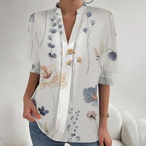 Blusas de mujer Vintage Impresión digital Camisas elegantes Cuello en V Media manga Blusa de mujer Casual Señoras 2024 Cuello alto Sueltos Tops simples