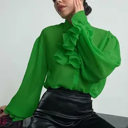 Blouses Femmes Vintage élégant en mousseline de soie dentelle Blouse 2023 femmes à manches longues en couches à volants chemise verte automne hauts à la mode vêtements amples