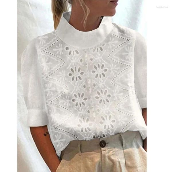 Femmes Blouses Vintage Élégant Demi Col Roulé Dentelle Blouse Femmes D'été Creux Blanc Coton Chemises Vêtements Décontractés Lâche Manches Bouffantes Tops