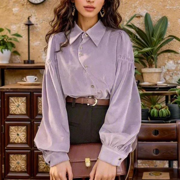 Blouses pour femmes Vintage Elegant Lantern Shelve Shirts Femmes Loose Trop Collar Botton Up Blouse Casual Solid Ladies Tops Tops Clothes 29832