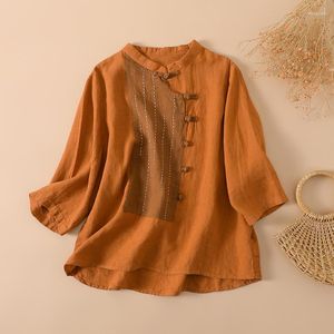 Blouses voor dames vintage etnische stijl patchwork losse katoenen linnen shirt voor vrouwen eenvoudige driekwart mouw dames tops kleding retro
