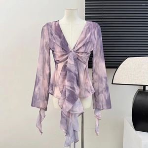 Blusas de mujer Camisas de moda vintage para mujer Llegada con cuello en V Tie Dye Lace Up Manga larga abullonada Blusa flaca Otoño Casual Top femenino
