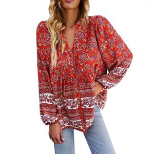 Blouses pour femmes Vintage à imprimé floral Shirts boho pour femmes pulvérisation Bohemian Beach Long Manche en V Cou cou et tuniques lâches Camisa