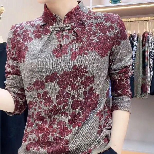 Blusas de mujer Vintage Camisa con estampado Floral primavera otoño Folk estilo chino hebilla de disco ropa suelta blusa con cuello levantado