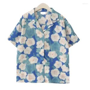 Damesblouses Vintage Bloem Olieverfschilderij Button Up Shirts Mannen Vrouwen Notched Losse Koreaanse Mode Dames Korte Mouw Tops Zomer Strand