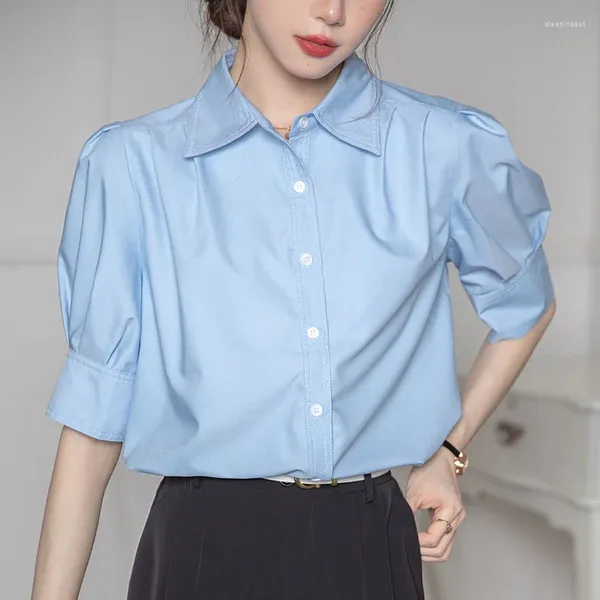 Blouses pour femmes vintage français Top Femmes 2023 Summer Blue Butte Up Bureau Lady Fashion Abède Bouvrerie d'affaires à manches courtes