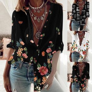 Women's Blouses Vintage Geometric Printing Cotton Line Shirts Plus Size Long Sleeve Turn Down Collar Button Women Blouse Losse Casual Tops