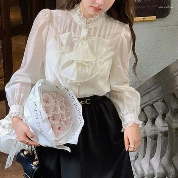 Blouses pour femmes Vintage High Street Blusas Mujer De Moda 2024 col montant Chic nœud papillon doux simple boutonnage volants chemises françaises