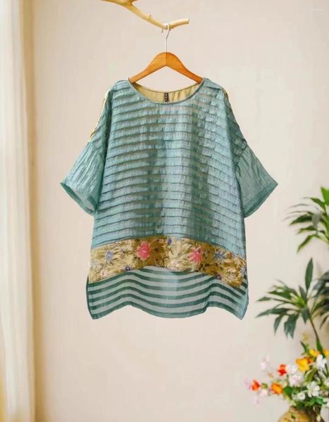 Blouses pour femmes vintage jacquard tops de soie naturelle Blouse d'été plies patchwork chemises O-cou