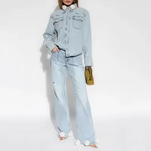 Blouses pour femmes jeans vintage avec embellissement floral 3D chemise de coton large jambe japonaise des années 2000 y2k printemps 2024