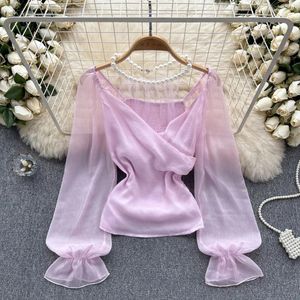 Blouses pour femmes Vintage Lantern Sleeve Hollow Out Halter V-Clouse Blouse Elegant Korean Fashion Sexy Spring Summer Femme