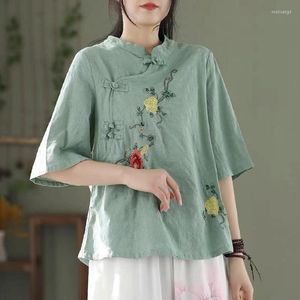 Blouses voor dames vintage groot formaat katoenen linnen shirt vrouwen top lente zomer Chinese schuine sta-up kraag knoop bovenaan borduur