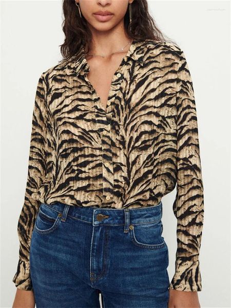 Blouses pour femmes Brois de léopard vintage Col de remin-down cols simples poitrines de mode à manches longues personnalisées