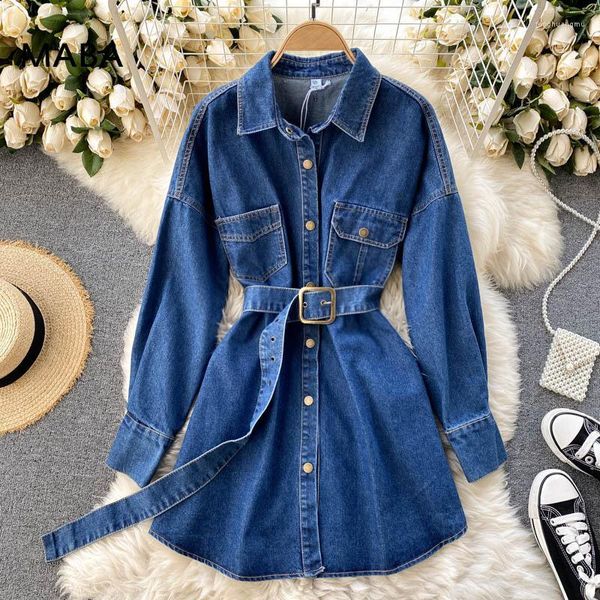 Blouses Femmes Vintage Loose Denim Automne Chemise Femmes Polo Col À Manches Longues Simple Boutonnage Ceinture De Poche Mode Harajuku Midi Blouse