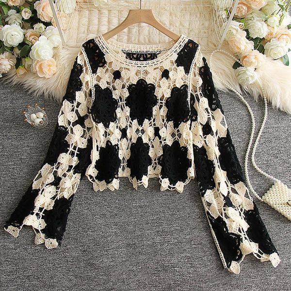 Chemisiers pour femmes Vintage lâche crochet fleur hauts printemps été évider Crochet Blouse à manches longues femmes tricoté chemise