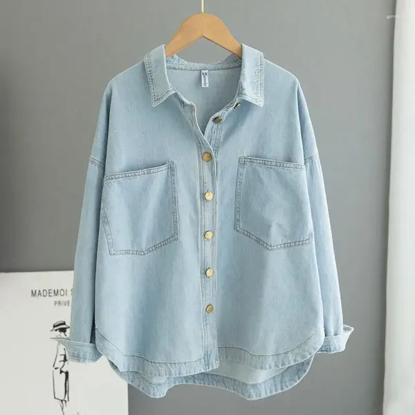 Blouses pour femmes Vintage chemise en Denim surdimensionnée chemisier Streetwear bleu clair mode coréenne haut à manches longues dame Jean lâche Harajuku