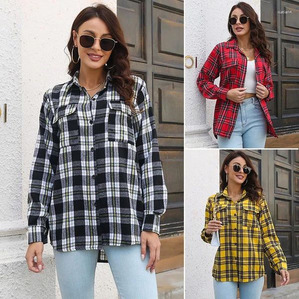 Blusas de mujer Camisa a cuadros Vintage para mujer, Top de manga larga a la moda para mujer, blusa de un solo pecho, camisas holgadas a cuadros de estilo universitario para mujer 2024